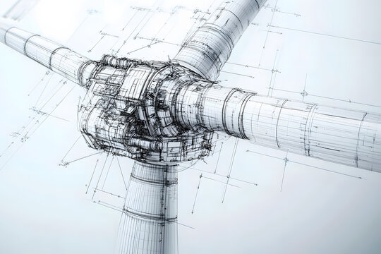 Technical sketch of a wind turbine, showcasing the mechanical components and design elements, symbolizing the engineering behind renewable energy technology. Ideal for themes of innovation.