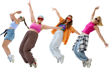 Young dancers, girls dancing in retro-fashion outfits against transparent background. Rhythm of...