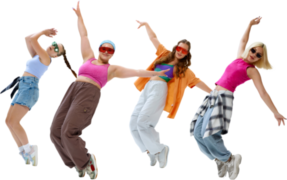 Young dancers, girls dancing in retro-fashion outfits against transparent background. Rhythm of youth throw moves. Concept of music, fashion and art, retro and modernity, movement, sport and hobby.