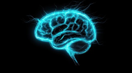 Neon Blue Brain with Electric Fractals on Black Background, Symbolizing Technology, Innovation, and Creative Thinking in Abstract Art