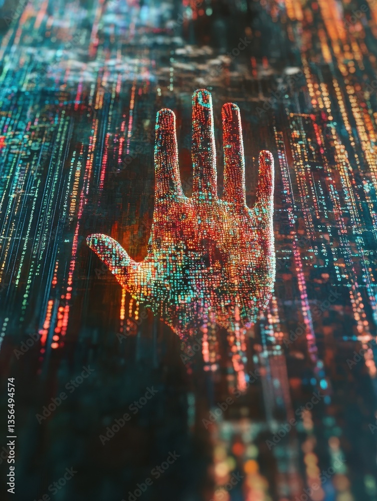 Poster digital handprint amidst a matrix of flowing data streams