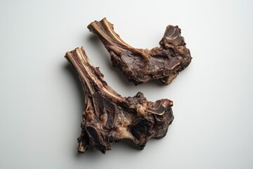 Two cooked meat chops are resting on a plain white surface