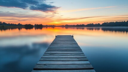 Obraz premium A wooden dock extends towards a vibrant sunset over water