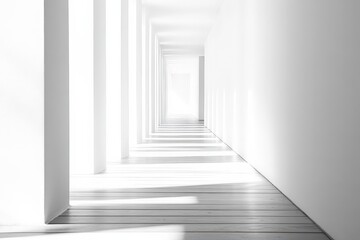 A long hallway stretches forward with pillars and bright light