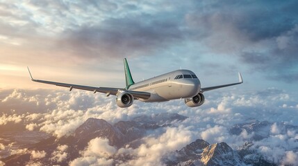 Obraz premium Commercial Airplane Flying in Sky with Beautiful Clouds and Sunset Background, Airplane Travel Concept, Vector Illustration, Wide-Angle Realistic Photo, 