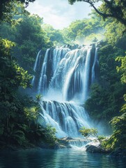 Fototapeta premium Majestic waterfall in a remote jungle: waterfall, jungle, nature, majestic, cascading, green, adventure, wilderness, ser