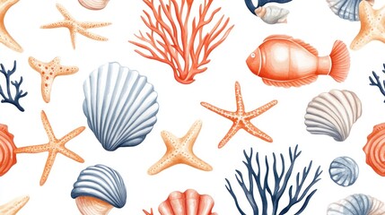 Obraz premium Seamless Watercolor Pattern: Underwater Paradise of Starfish, Shells, Coral, and Fish