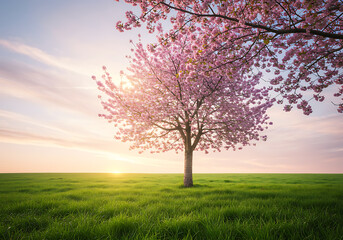 A single cherry blossom tree in full bloom graces a lush green field at sunset.