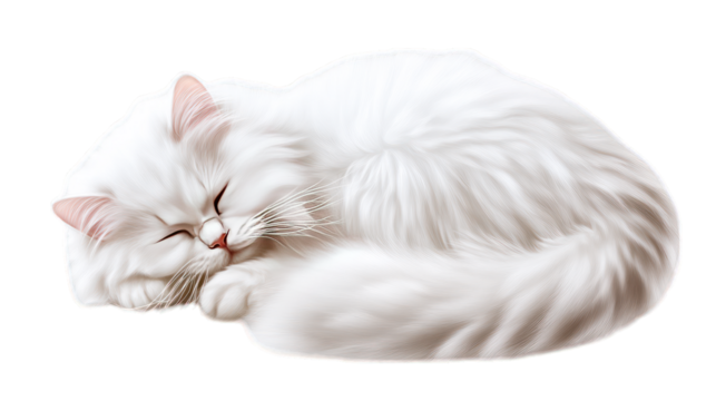 A soft fluffy white cat curled up in a sleeping position on a transparent background