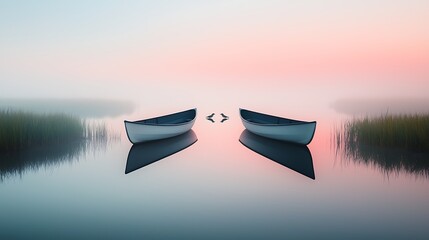Misty Dawn for Twin Boats, Serene Lake.