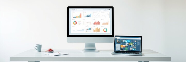 Modern Workspace with Laptop and Monitor Displaying Analytics and Web Content for Professional Tasks