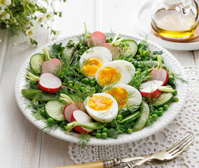 Spring salad with eggs and vegetables on a white plate, close-up. Easter food concept