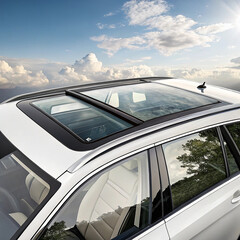 Obraz premium Luxury Car with Panoramic Sunroof and Scenic Sky Reflection