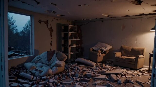 Abandoned living room in disrepair, scattered debris, post-apocalyptic atmosphere, eerie silence, urban decay, creatively haunting, Halloween