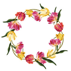 Obraz premium Floral frame with tulips for postcards and invitations. Watercolor illustration.