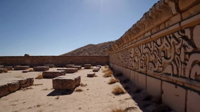 Ancient Zapotec ruins under bright sun at Mitla, cultural heritage, historic archaeology, Day of the Dead, Mexican history