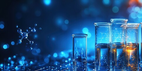 Chemical science laboratory banner with test tubes, beakers, and molecular structures on a futuristic blue background