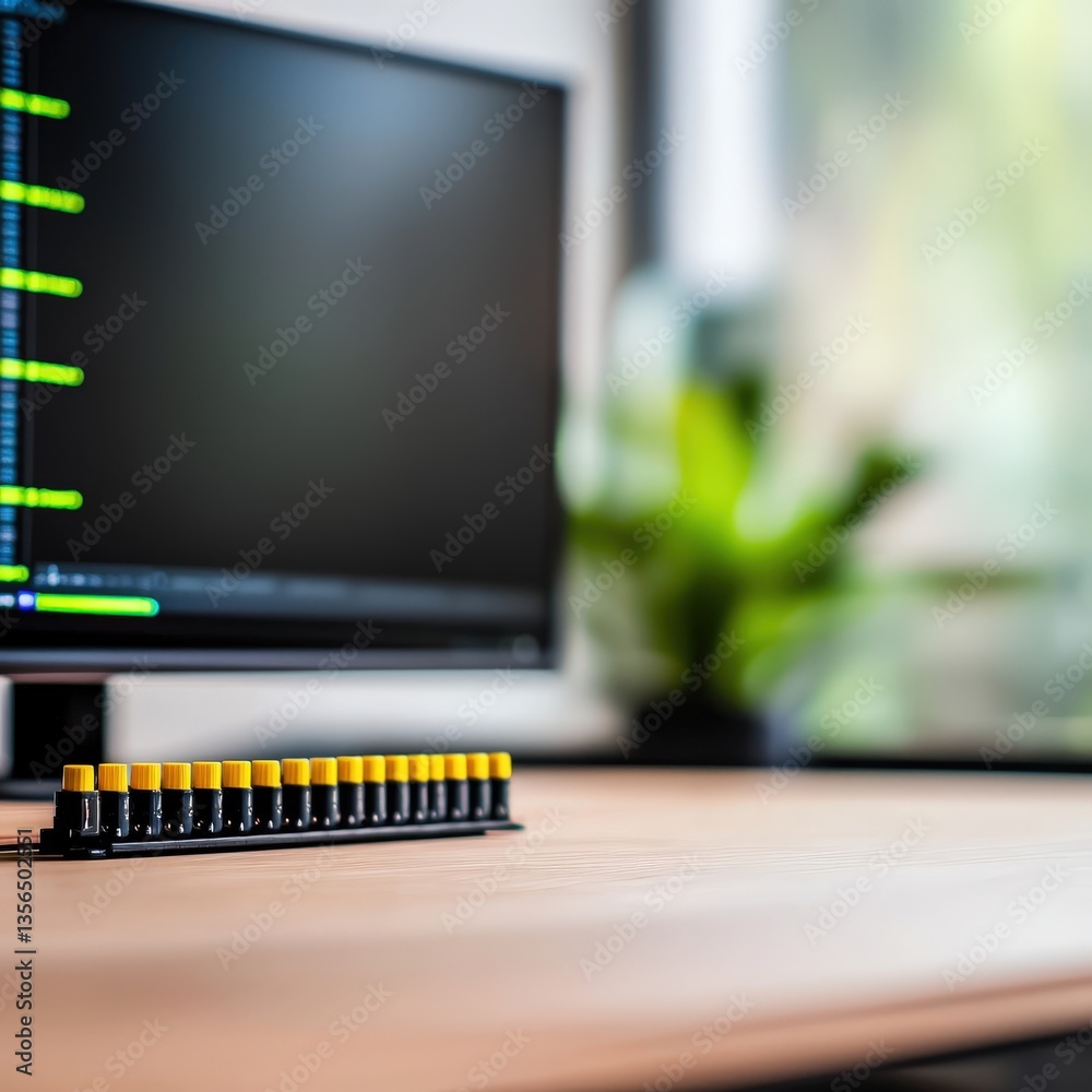 Poster computer monitor surrounded by a collection of batteries highlighting a tech-oriented workspace