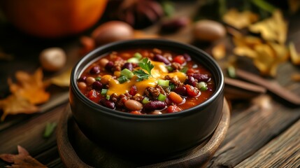 bowl of homemade chili on wooden surface