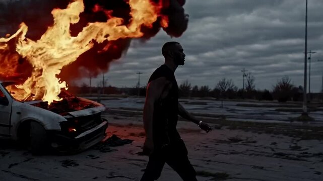 Silhouette of Asian male walking past burning car at twilight, symbolizing chaos and adventure, Halloween, dystopian theme