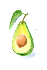 Avocado green with pit painted with watercolor on white background