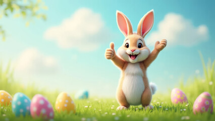 Obraz premium Cheerful Easter bunny showing thumbs up among decorated eggs on blooming spring meadow with sunlight and bokeh.