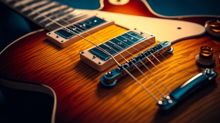 Fototapeta premium Electric guitar resting on a surface showcasing intricate details and craftsmanship in warm lighting