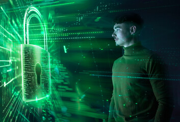 Young man interacting with a holographic lock in augmented reality