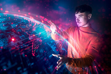 Young man interacting with augmented reality technology in a futuristic setting