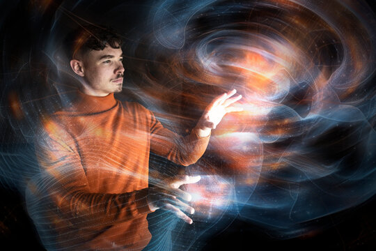 Man interacting with augmented reality in a futuristic digital environment