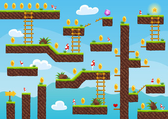Game level map. Arcade 2d video game for old computer or console. Cartoon computer or mobile arcade with bonus items, jumping road to goal play. cartoon illustration © designer_things