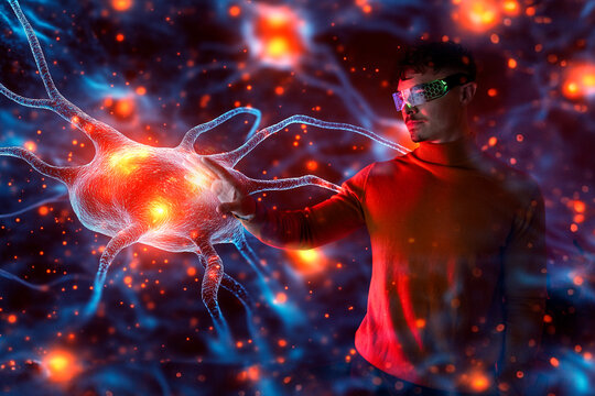 Young man interacting with a holographic neuron in augmented reality - Powered by Adobe