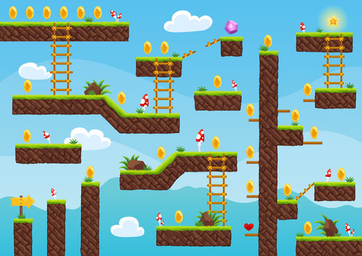 Game level map. Arcade 2d video game for old computer or console. Cartoon computer or mobile arcade with bonus items, jumping road to goal play. cartoon illustration