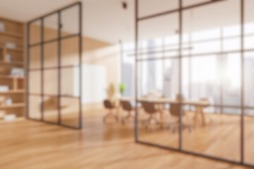 Modern office interior with glass partitions and wooden floor. 3D Rendering