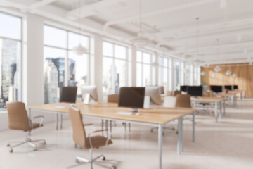 Modern office interior with computers and chairs. 3D Rendering