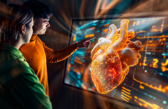 Two people analyzing a digital heart model on a screen using augmented reality technology