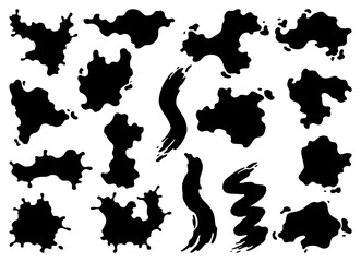 Paint blot icon set. Splashes set for design use. Grunge shapes collection. Dirty stains and silhouettes. Black ink splashes