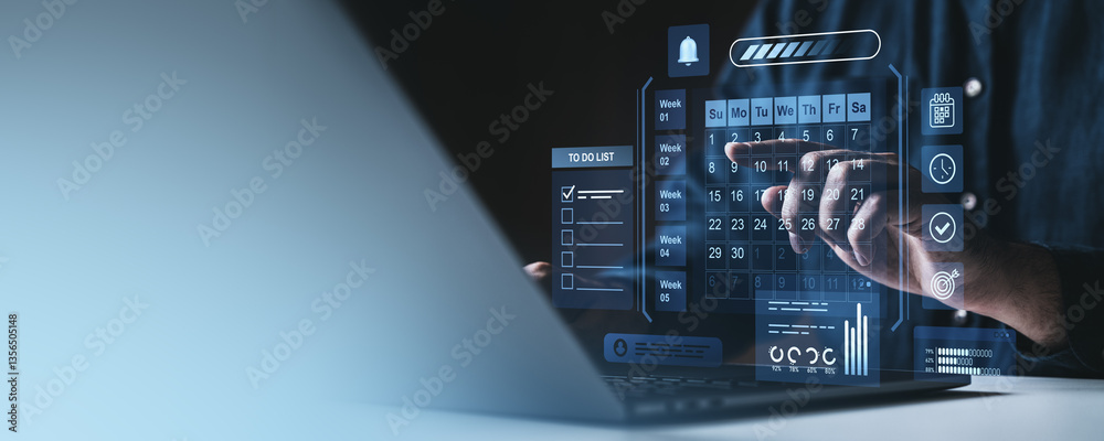 Poster businessman using futuristic digital calendar interface for scheduling and task management.