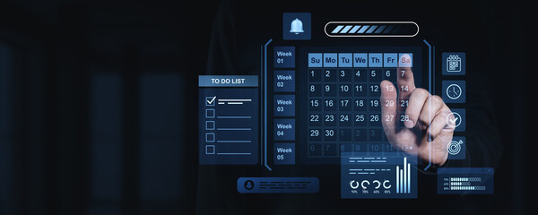 Digital futuristic interface with holographic calendar and to-do list.