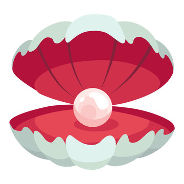 Pearl in seashell. Open seashell scallop and pearl shell icon. Beautiful pearl in clam shell in cartoon flat style. illustration isolated on white background