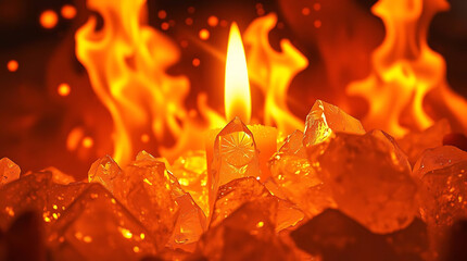 Glowing Crystals with Fiery Background &ndash; A Striking Blend of Heat and Ice, Created by Generative AI