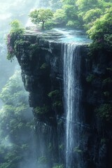 Serene Waterfall Cascade with Misty Jungle Clifftop.