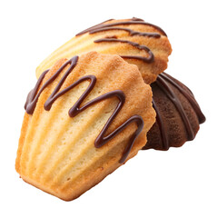 Madeleine pastry with chocolate drizzling isolated on white background