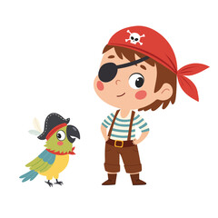 Cute boy in pirate costume with parrot. Cute boy pirate in red bandana. Vector illustration on white background. Cartoon illustration in children's style.