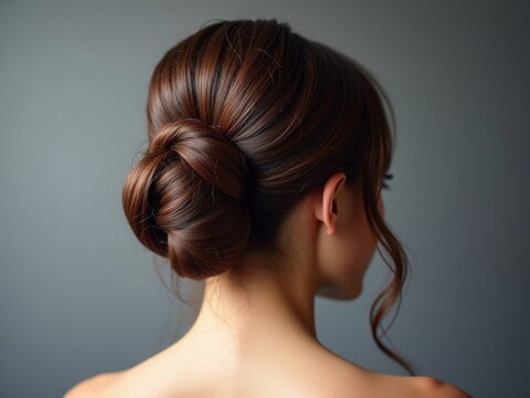 Elegant updo hairstyle with smooth, shiny brown hair in a bun
