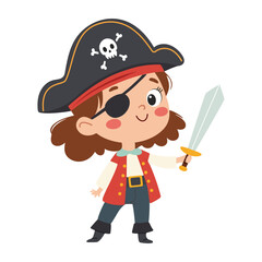 Pirate girl with sword and pirate hat. Cute girl child in pirate costume on white background. Cute cartoon vector illustration.