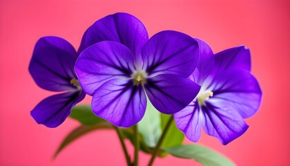 "Close-Up of Three Vibrant Purple Flowers Against a Soft Pink Gradient Background &ndash; Stunning Floral Macro Photography with Delicate Petal Details"