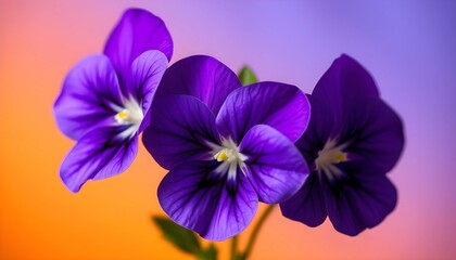 "Close-Up of Three Vibrant Purple Flowers Against a Soft Pink Gradient Background &ndash; Stunning Floral Macro Photography with Delicate Petal Details"