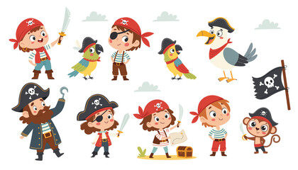 Cute animals and children in pirate hats. Parrot, seagull, albatross, monkey, girls, boys, old pirate, treasure. Vector on white background. Cartoon illustration in children's style.