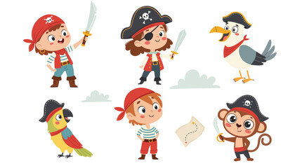  Cute animals and children in pirate hats. Parrot, seagull, albatross, monkey, girls, boys, old pirate, treasure. Vector on white background. Cartoon illustration in children's style.